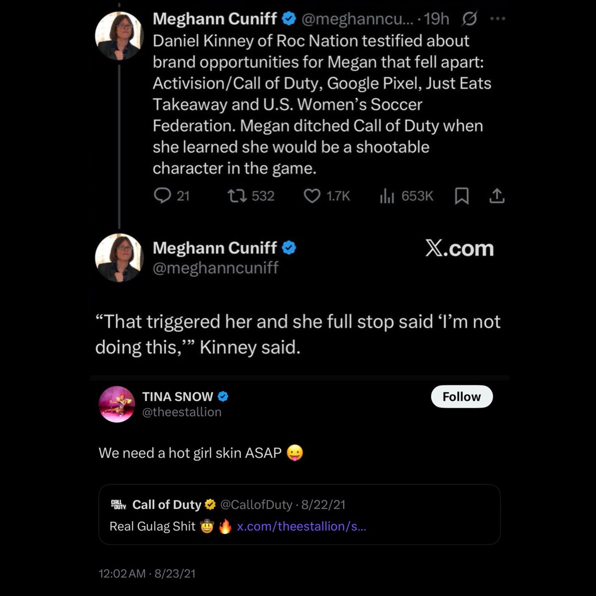 FearedBuck's tweet photo. Megan Thee Stallion reportedly declined a Call of Duty collab after finding out she’d be made a shootable in-game character, according to Daniel Kinney, Roc Nation’s Senior VP of Branding &amp; Strategic Partnerships

“That triggered her and she full stop said ‘I’m not doing this’” https://t.co/2PDbPGrvbq