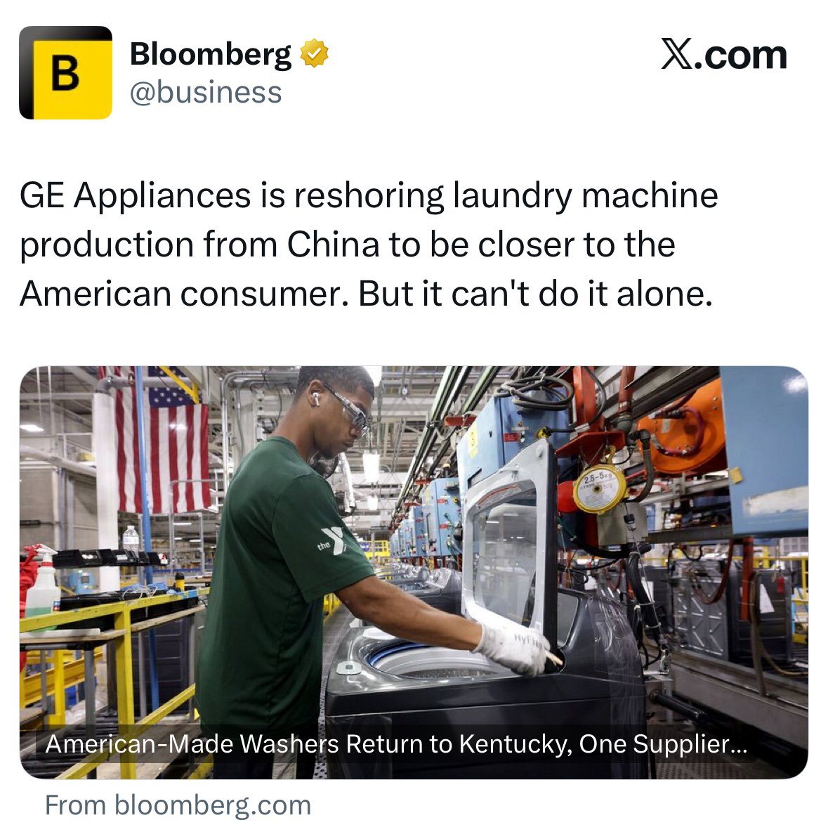 🚨JUST IN🚨

GE Appliances is bringing laundry appliance production back to the United States from China!

This has been a top priority for the Trump administration, but Americans must be cautious because GE Appliances is still owned by Chinese-backed company Haier.

Smart