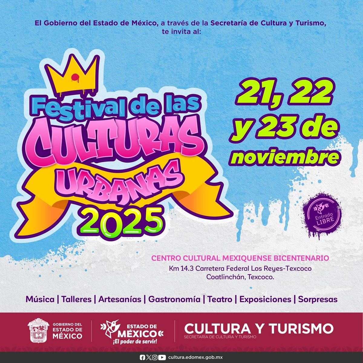 ModernoEdomex's tweet image. Festival de las #CulturasUrbanas
En Texcoco los días 21, 22 y 23, puedes asistir al Festival de las #CulturasUrbanas, te encontraras con un mundo de creatividad mexiquense. ¡Te esperamos!.  @CulturaEdomex. @ccmbcultura.  #ElPoderDeServir