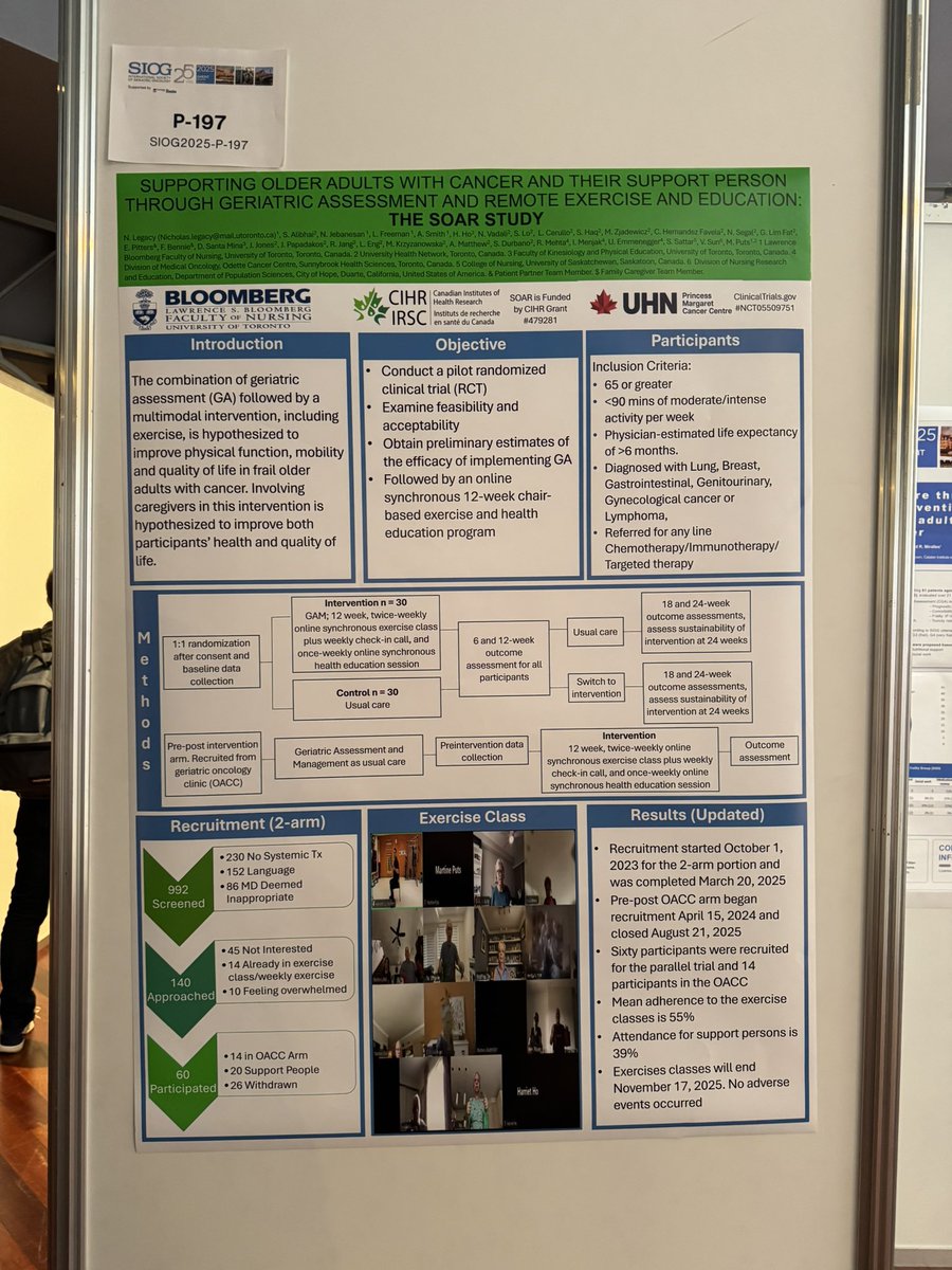 THsuMD's tweet image. Amazing work by my Canadian 🇨🇦 colleagues in #gerionc Research ranges from from outcomes in surgery and radiation, GA prior to CAR-T, equity, and exercise. #siog2025 1/3