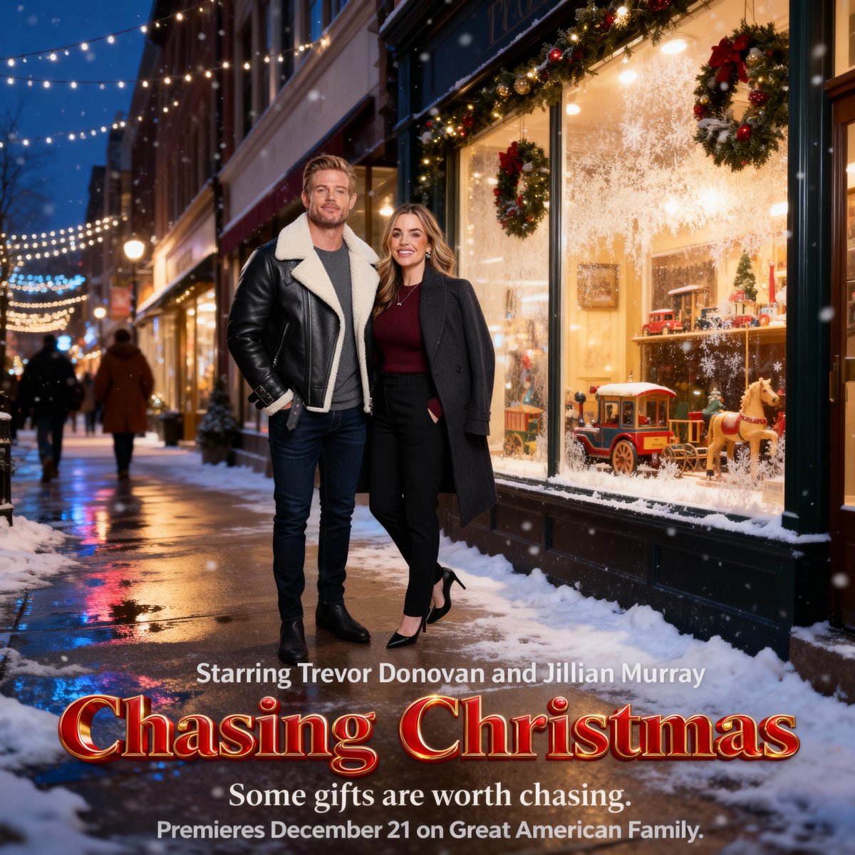CHASING CHRISTMAS 🎄
“Sometimes gifts are worth chasing.” 
⭐️Starring Trevor Donovan and Jillian Murray  
December 21st on Great American Family.   @trevdon #Christmasmovies