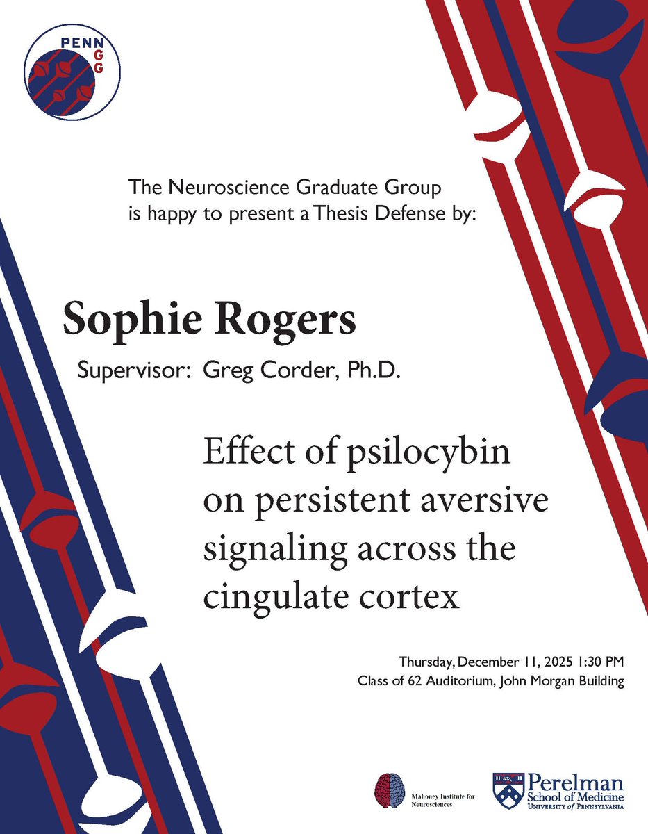 PennNGG's tweet image. #NGG is proud to present our next Thesis Defense given by Sophie Rogers of the Corder Lab @FlyBottleEscape! Please join us in person or virtually (DM us for the link) on 12/11. Best of luck, Sophie! #PhAlmostDone 🥳