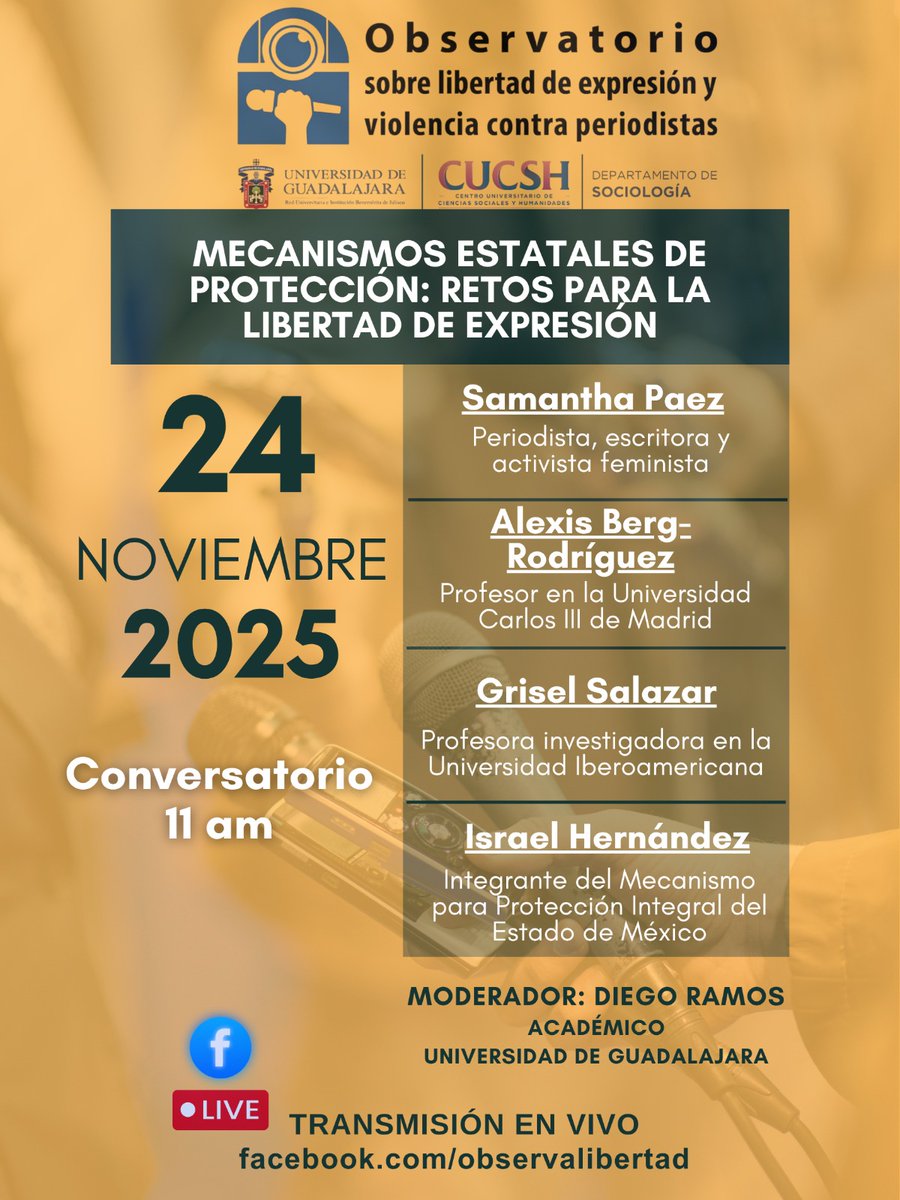 Conversatorio 24/11, 11 am: “Mecanismos de protección y libertad de expresión”. En vivo por FB: facebook.com/observalibertad. ¡Acompáñanos!