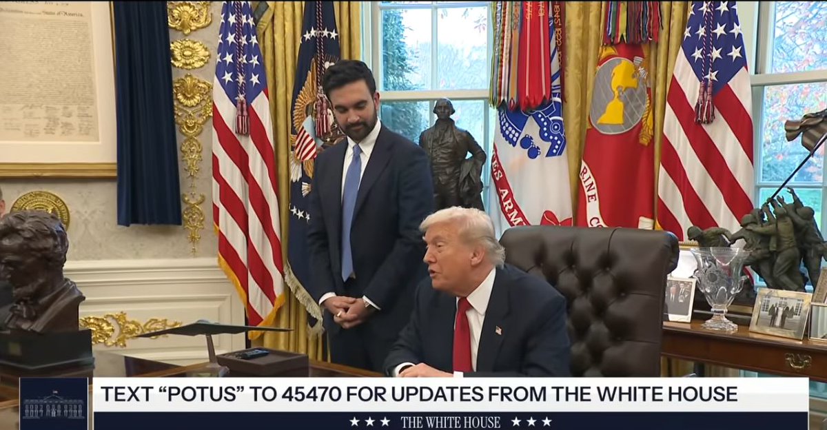 createcraig's tweet image. Mayor-elect Zohran Mamdani standing next to President Trump as he sits behind desk in Oval Office

“You’re going to have a really great mayor,” Trump says heaping praise in the young socialist lawmaker.