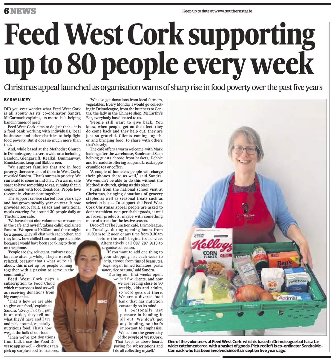 Please think of Feed West Cork, especially at this time of year, as for some it is particularly difficult, with little or no Christmas cheer. Sandra and co. keep up your massive supportive work throughout many parts of West Cork, as full impact it makes for many one never  knows.
