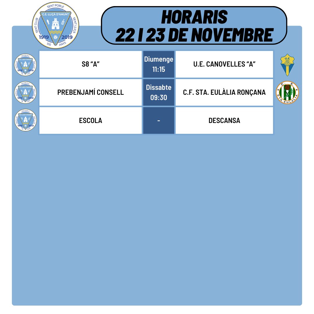 Horaris dels partits d'aquest cap de setmana!

#somlliçà🔵⚪