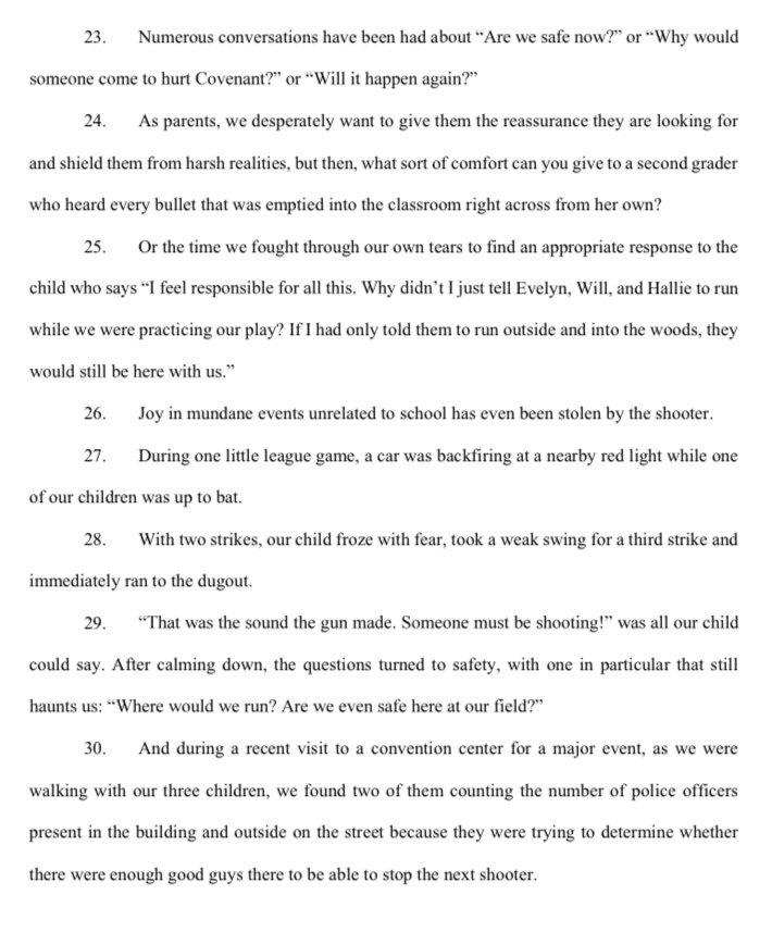 BuzzfeedSource's tweet image. Below is a sworn declaration page filed with Judge I’Ashea Myles by another Covenant School parent less than 3 months after the Covenant School mass murder. The sworn declaration describes parent conversations with their children: “Are we safe now… will it happen again… what…