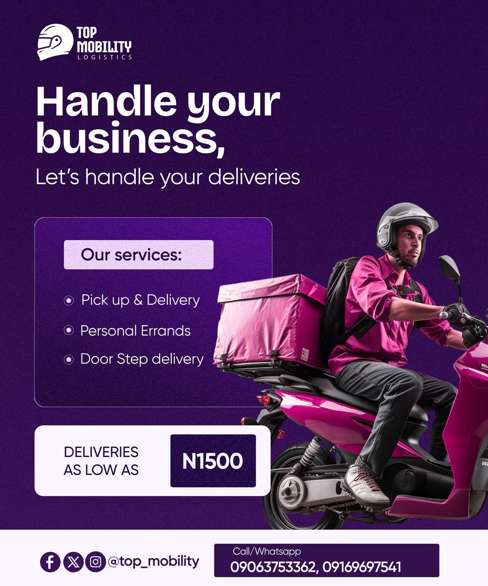 annys__kitchen's tweet image. Ibadan people this is for you🕺

🚀 Focus on growing your business, we’ll handle your deliveries!
With Top Mobility Logistics, enjoy fast, reliable and affordable deliveries starting from ₦1500.
📦 Pick-up &amp;amp; delivery | Personal errands | Doorstep delivery
💬 DM or WhatsApp us to…