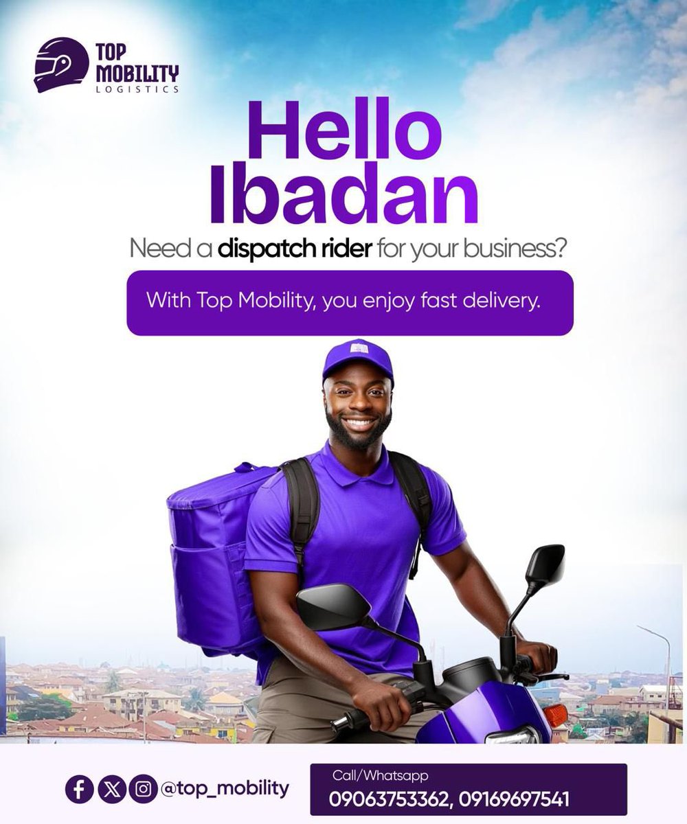 annys__kitchen's tweet image. Ibadan people this is for you🕺

🚀 Focus on growing your business, we’ll handle your deliveries!
With Top Mobility Logistics, enjoy fast, reliable and affordable deliveries starting from ₦1500.
📦 Pick-up &amp;amp; delivery | Personal errands | Doorstep delivery
💬 DM or WhatsApp us to…