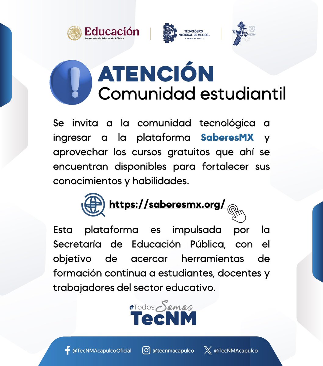 📣 Se invita a la comunidad tecnológica a ingresar a la plataforma SaberesMX, y aprovechar los cursos gratuitos que ahí se encuentran disponibles para fortalecer sus conocimientos y habilidades.

🔗 saberesmx.org

#TodosSomosTecNM #ExcelenciaEnEducaciónTecnológica