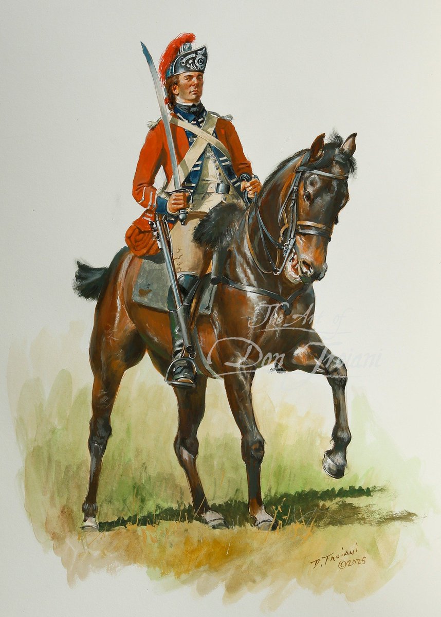 Don Troiani Historical Artist
 ·
A private of the British 16th Light Dragoons 1776. While the dismounted company had leather helmets with a bearskin crest the mounted contingent appear to have kept the regimental helmet until sometime the next year when switching to the other