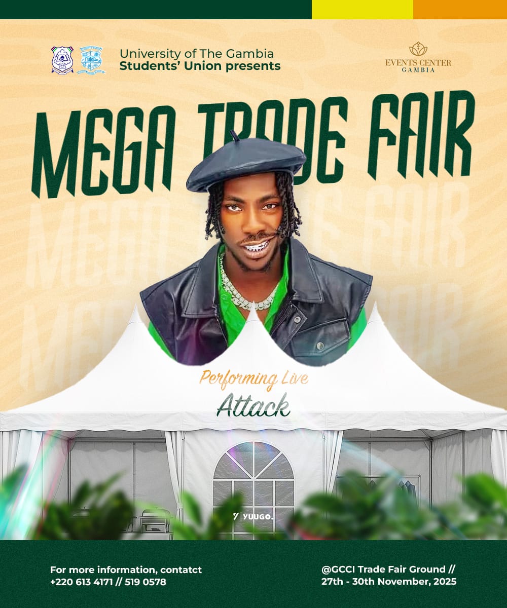 The Mega Trade Fair stage just got hotter! One of Gambia’s biggest musical forces, Attack, is set to bring his lyrical fire and stage dominance.
Brace yourselves for a thrilling experience as Attack lights up the GCCI Trade Fair Ground with his signature vibe. 

 Aferr bu garaaw!