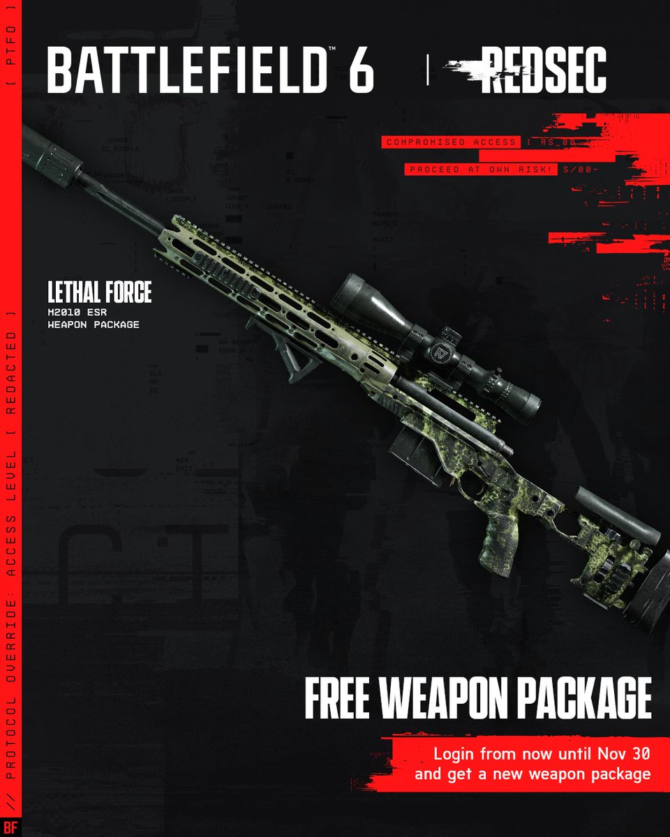 Lock in, marksman 🎯 

Deploy into #Battlefield6 or #REDSEC before Nov. 30 to secure a new weapon package for the M2010 ESR sniper rifle.