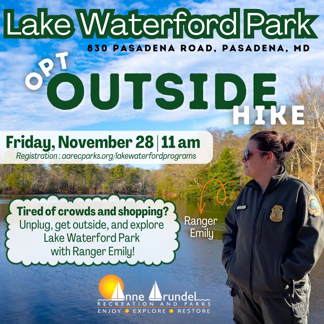 Opt Outside! 🌲 Escape the crowds and shopping chaos on Black Friday!

Join Ranger Emily for a restorative hike at Lake Waterford Park. Unplug, unwind, and enjoy the natural beauty!

📅 Fri, Nov 28 | 11:00 AM

#OptOutside #AACoParks #ThanksgivingWeekend