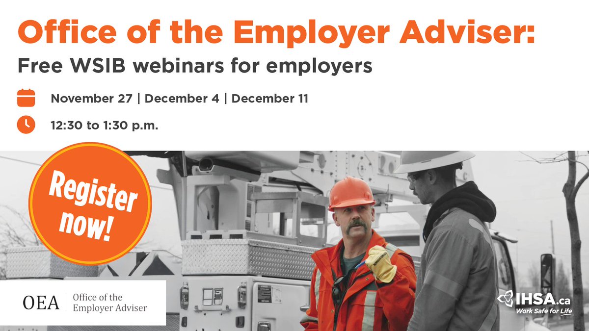 Join the <a href="/askoea/">Employer Adviser</a> for a series of free webinars on WSIB-related topics!  

The Office of the Employer Adviser provides expert legal services to #Ontario employers on workplace safety and insurance matters.

➡️ Register now to secure your spot: ow.ly/ZH9Q50Xw2kZ
