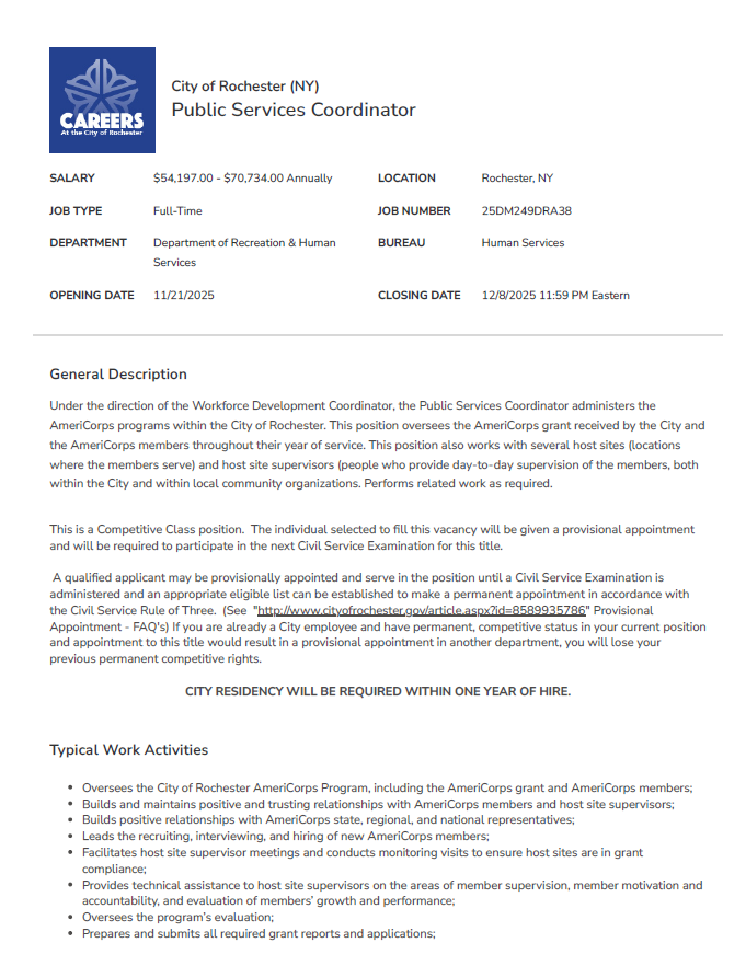 DRHS585's tweet image. The City of Rochester is hiring a Public Services Coordinator! Ready to make an impact in your community? Apply today and be part of a team that supports vital community programs!

#DRHS #JoinOurTeam #WorkforceDevelopment