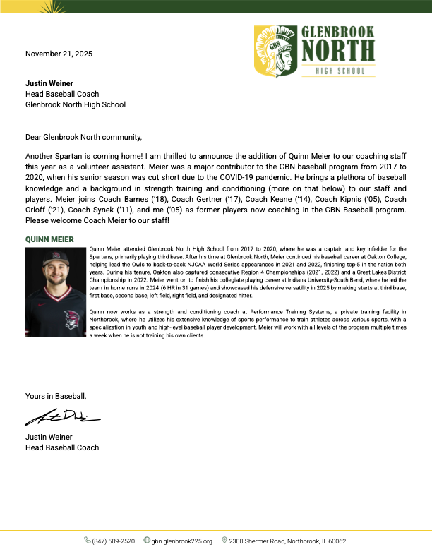 GBN_Baseball's tweet photo. Please welcome Coach Meier (@qmeiertraining) to the staff! He is ready to embrace #gritoverglory and develop #championsbeforechampionships. https://t.co/dTfm0bjAsC
