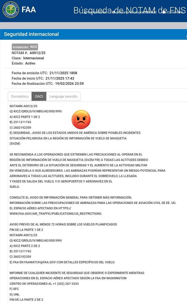 Arr3ch0's tweet photo. Son 2 los avisos NOTAM emitidos, uno para FIR Maiquetía y otro para FIR San Juan (Puerto Rico). En ambos casos son por actividades militares aéreas.
Ambas notificaciones fueron emitidas hace 3 horas y vencen el 19 de Febrero.
Traducciones al Español en las imágenes. https://t.co/l6jXXkY4Pu