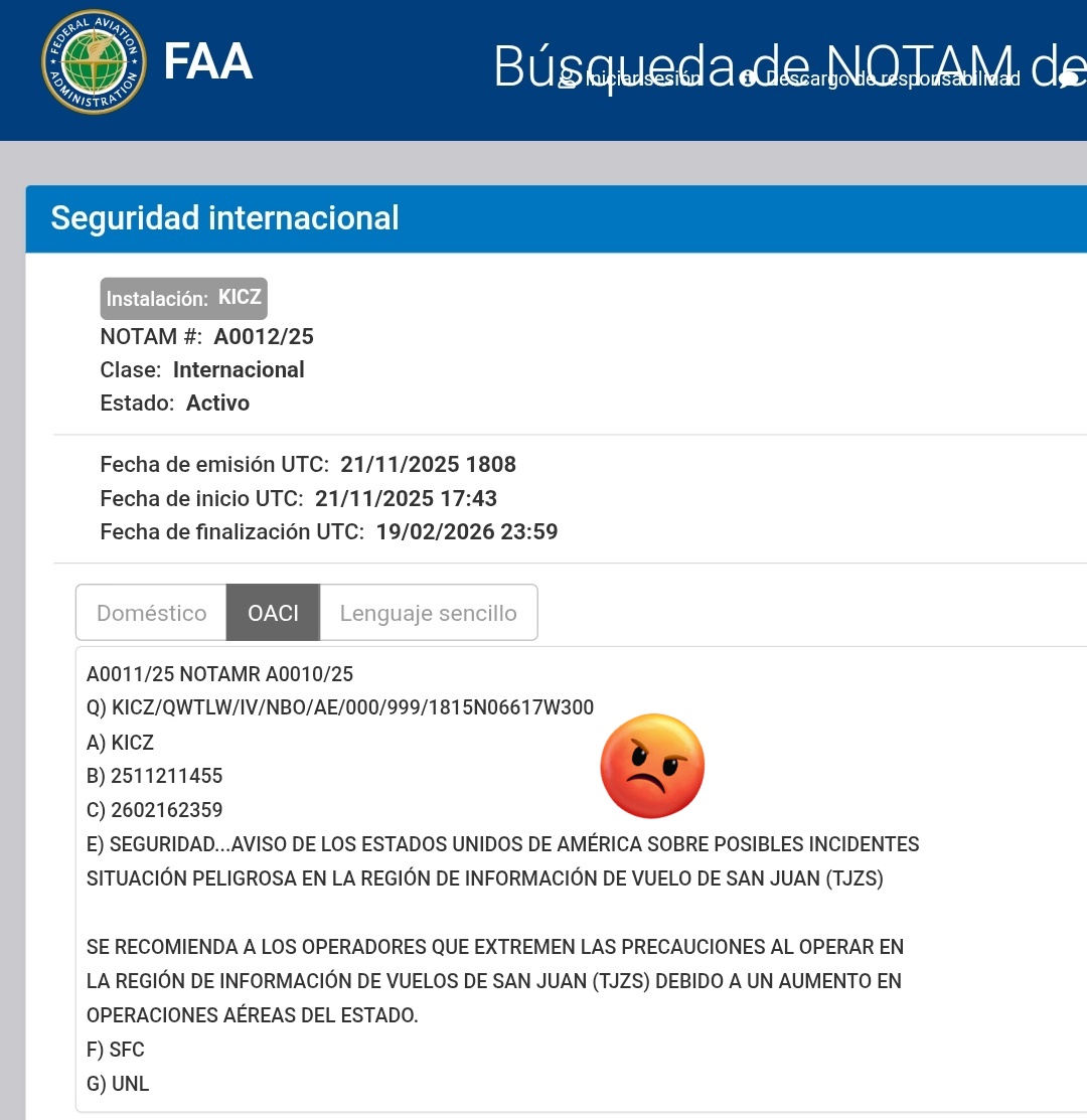 Arr3ch0's tweet photo. Son 2 los avisos NOTAM emitidos, uno para FIR Maiquetía y otro para FIR San Juan (Puerto Rico). En ambos casos son por actividades militares aéreas.
Ambas notificaciones fueron emitidas hace 3 horas y vencen el 19 de Febrero.
Traducciones al Español en las imágenes. https://t.co/l6jXXkY4Pu