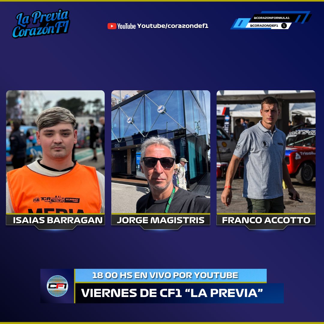 Corazondef1's tweet photo. SE VIENE LA PREVIA 18.00
Los esperamos a todos para charlar del fin de semana de los argentinos, invitado @diegociantini desde Las Vegas. Todo @FranColapinto también @sachafenestraz #MarcoMorelli y lo que se viene
👉🏻https://t.co/ho55NYOsGB https://t.co/C2yYDyUzaw