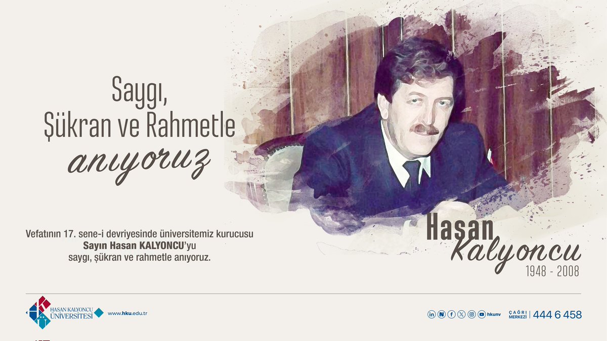 Üniversitemizin temellerinin atılmasına öncülük ederek ülkemize, bölgemize ve gelecek nesillerimize kıymetli bir eser bırakan kurucumuz Sayın Hasan Kalyoncu'yu, ebediyete intikalinin 17. sene-i devriyesinde şükran, dua ve rahmetle anıyoruz.

#hkunv