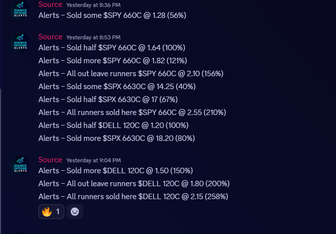 Source_options's tweet image. Source Daily Recap 🔥

Today was full of clean execution and some massive wins:

Top trades:  
🟩 $DELL 120C $60 → $215 (+258%)  
🟩 $SPY 660C $82 → $255 (+210%)  
🟩 $APP 500P $340 → $850 (+150%)  
🟩 $UNH 315C $140 → $325 (+132%)  
🟩 $SPX 6630C $10.15 → $18.20 (+80%)  
🟩…