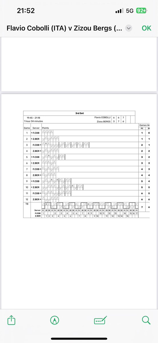 La feuille de match du troisième set de ce Cobolli-Bergs.