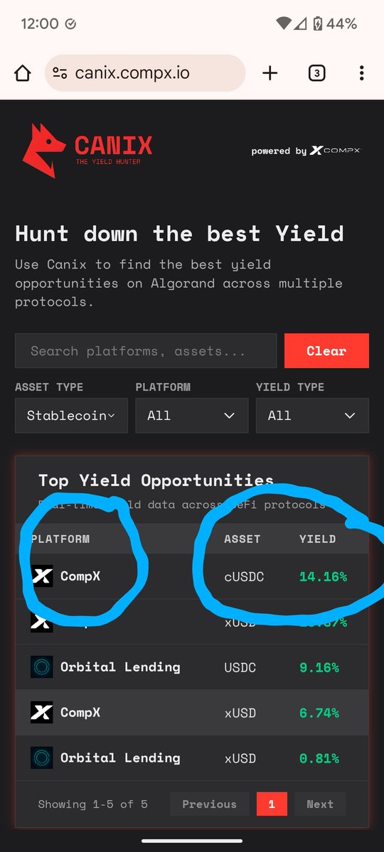 bernhardjwolf1's tweet image. Just a quick reminder that Canix.io from CompX can find you the best yields in the #Algorand ecosystem
...and the best yield for USDC alone
...no impermanent loss...is to deposit it into Orbital lending and then stake it on #CompX. More than 14% currently !