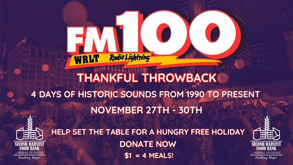 Lightning100's tweet image. ⚡Join us 27th-30th for 4 days of throwback tracks from our history! Tune in at 100.1 FM or link in our bio. L100’s Thankful Throwback is brought to you by @2HarvestMidTN

And give on Dec 2nd to provide meals and hope for families across our community - secondharvestmidtn.org