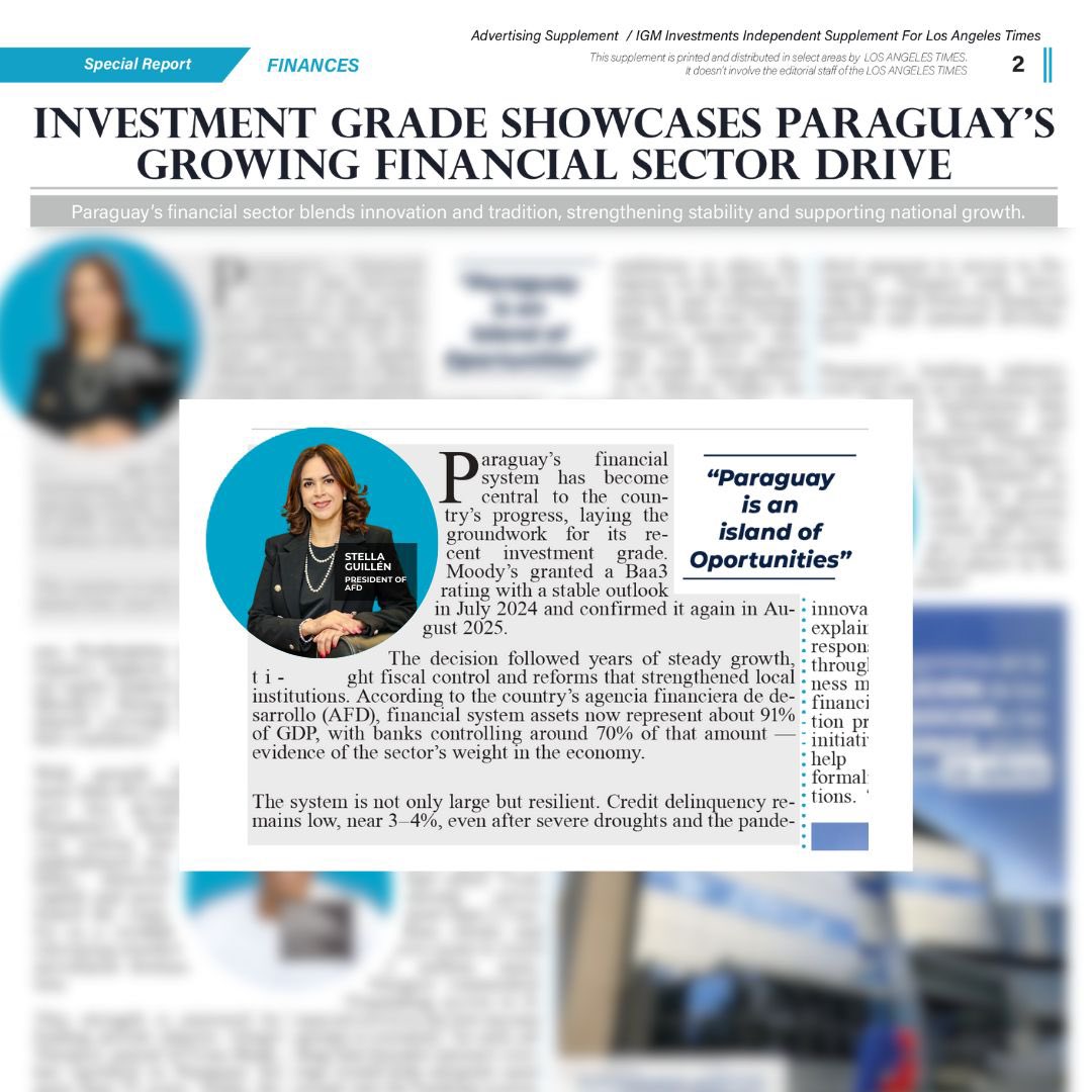 afd_py's tweet image. Paraguay avanza en el fortalecimiento de su sistema financiero y en la consolidación de su estabilidad macroeconómica📊

En un artículo reciente, Los Angeles Times destacó estos avances y la proyección internacional del país.
 Te invitamos a leer la nota completa:…