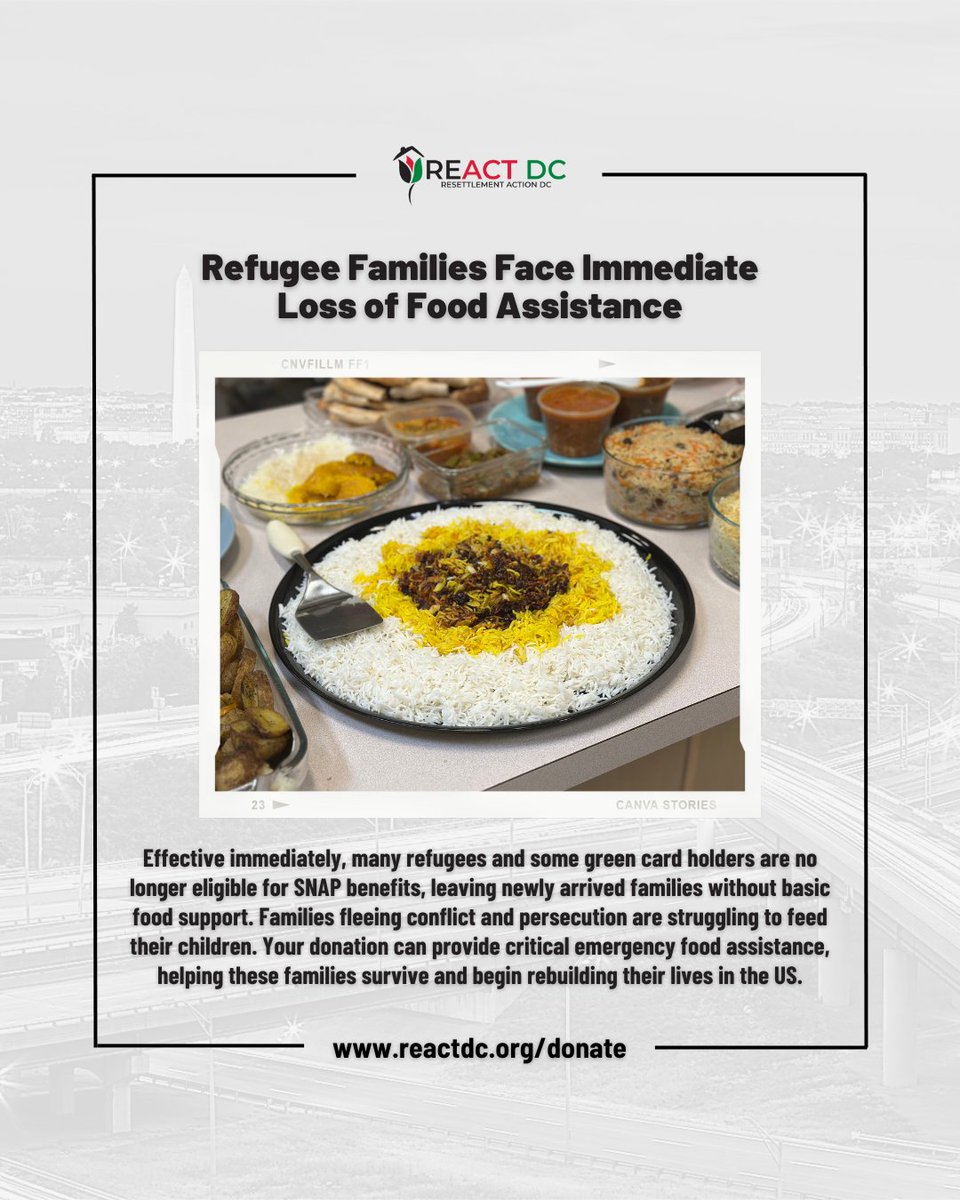 reactdcorg's tweet image. 🚨 Refugee families are losing SNAP benefits upon arrival. Many are struggling to feed their children. Your donation can provide emergency food and help them rebuild in the US. 💛
Donate: donorbox.org/general-suppor…