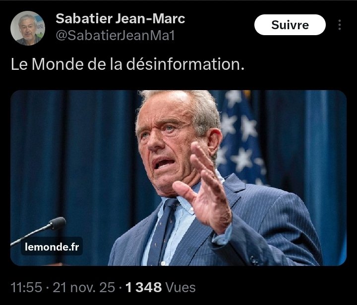 LoLoLamu's tweet image. POUR UNE FOIS le serial désinformateur @SabatierJeanMa1 a parfaitement raison. 
À l&apos;insu de son plein gré, certes...

Le complotiste et charlatan antivax RFKJr représente effectivement le monde de la #désinformation 😠