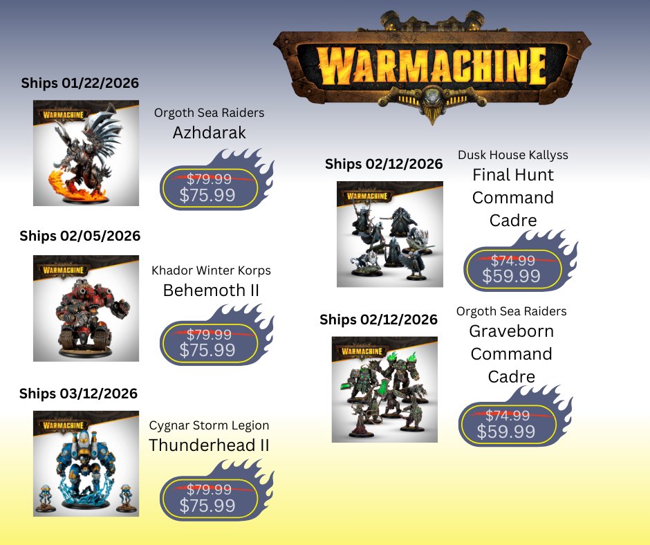 ⚙️🔥 New Warmachine presales are live! Grab the newest releases from Steamforged Games — from Deathjack to Thunderhead II — all available now at Discount Games Inc! Secure your preorder and be ready for battle on release day! ⚔️📦

ow.ly/UGEe50XvULG