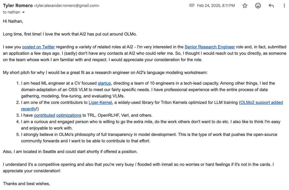tyleraromero's tweet image. Olmo 3 afterglow - want to share how I came to join Ai2 to encourage others interested in LLM research. I found it difficult to break into the field as someone who does not hold a phd. Research roles at top labs are highly competitive and I didn’t have professional experience…