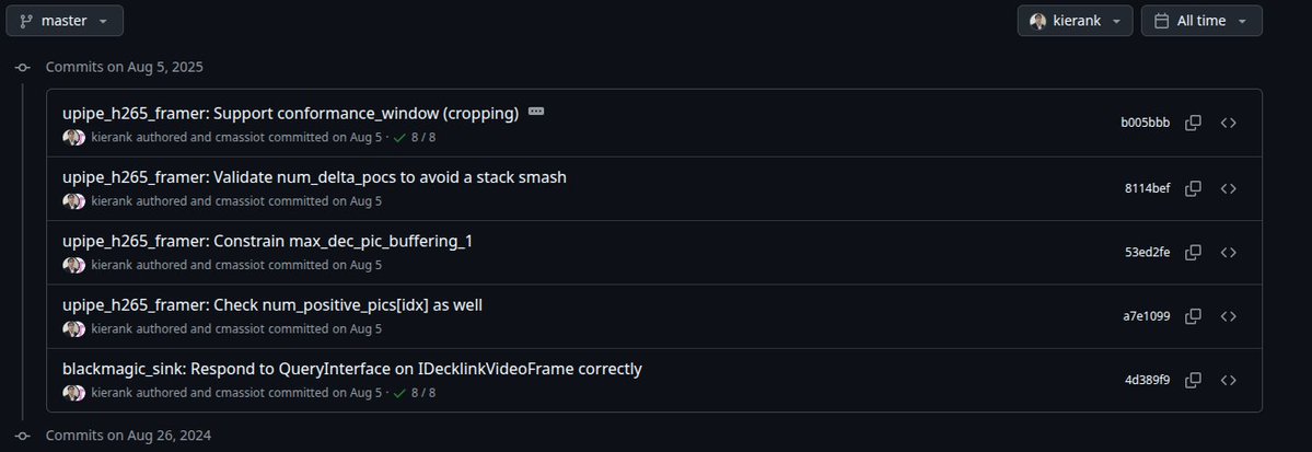 首先，我注意到FFMpeg的帳號並非由FFMpeg的活躍開發者控制，而是由幾個人共同管理，其中一個名叫Keiran。這很奇怪，但並不重要。
 keirank GitHub 用戶提交的更改很少，沒有提交任何關於 FFMPEG 的更改，但提交了