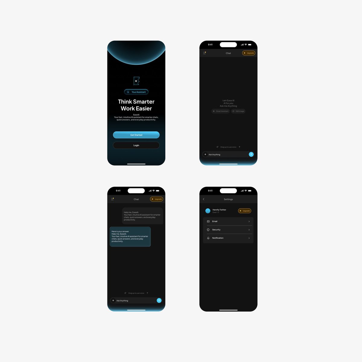 iHenrify's tweet photo. This is my entry for @Tegadesigns on the #EaseAI Task

I made sure I follow all the color composition down to detail including the fonts., while maintaining the Ai design structure yet minimalistic. I particularly find the second screen interesting. However the settings… https://t.co/NSnWzdevUR