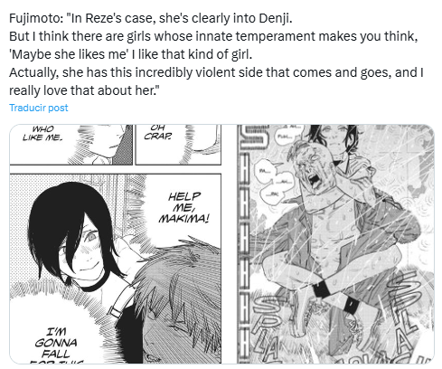 Fujimoto: A Reze le gustaba Denji.

Random de Twitter: "De hecho ella solo amaba la idea de una una vida normal" 

Fujimoto: Yo soy el autor de la obra.

Random de Twitter: Pues deberías informarte mejor de tu propia obra.