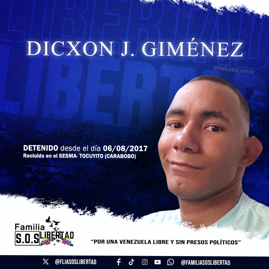 🇻🇪 Dicxon Javier Giménez: el preso político que nadie recuerda, pero que lleva ocho años pagando una culpa que jamás tuvo.

Su nombre casi no aparece en los titulares. No tiene padrinos, no tiene cámaras, no tiene lobby. Pero su historia es la misma herida abierta que comparten