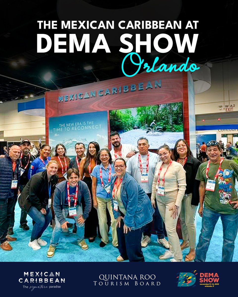 CPTQROO's tweet photo. The #MexicanCaribbean participated at #DemaShow 2025 in Orlando, the world’s leading diving event. 

Our team highlighted the region’s spectacular dive sites alongside 13 exhibitors from #Tulum, #PlayaDelCarmen, #PuertoMorelos, #Cozumel, and @SedeturQROO.

For the first time, we presented the Mexican Caribbean Diving Atlas, a comprehensive guide showcasing our cenotes, reefs, and unique marine ecosystems. A key tool for sharing the region’s depth, beauty, and world-class diving opportunities with the international community.
.
.
El #CaribeMexicano participó en el #DEMAShow2025 en Orlando, el evento más importante de buceo a nivel mundial.

Nuestro equipo presentó los espectaculares sitios de buceo de la región junto a 13 expositores de Tulum, Playa del Carmen, Puerto Morelos, Cozumel y @SedeturQROO.

Por primera vez, presentamos el Atlas de Buceo del Caribe Mexicano, una guía integral que muestra cenotes, arrecifes y ecosistemas marinos únicos. Esta es una herramienta clave para dar a conocer la profundidad, belleza y las oportunidades de buceo de clase mundial que ofrece la región a la comunidad internacional.