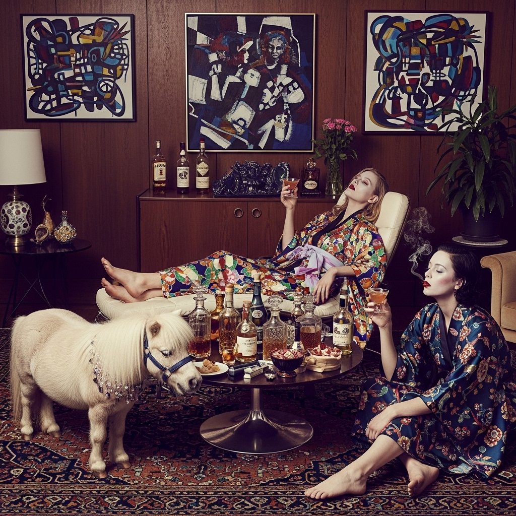 syntaxaegis's tweet image. She lounges like a diplomat in exile; the pony, bejeweled and indifferent, audits the whiskey lineup.

#hautecouture #surrealism #art #couture #fashionphotography