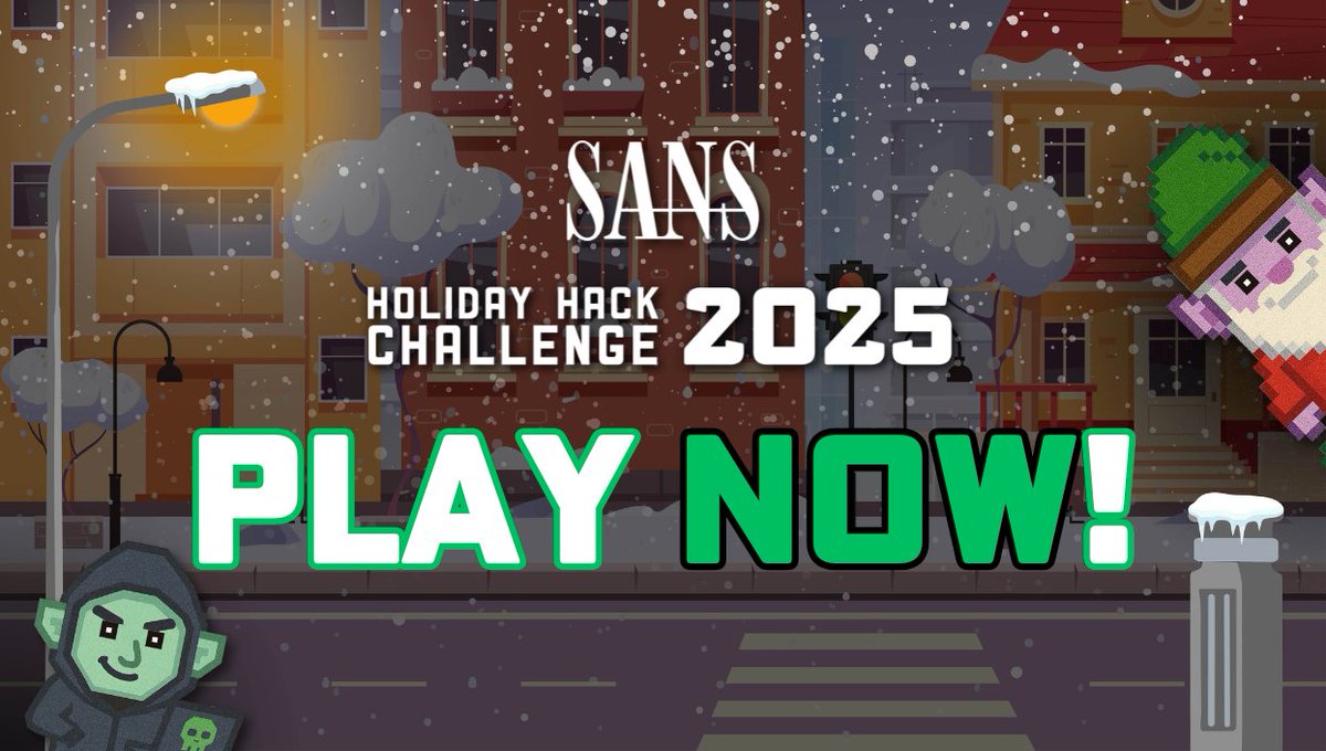 SANSInstitute's tweet image. 🎄 The SANS #HolidayHack Challenge 2025 is here!

Solve festive cyber puzzles, test your skills, and enjoy the most fun you’ll have in a browser this season.

Start your free holiday hacking now ❄️ sans.org/u/1D01

#CTF #HolidayHackChallenge