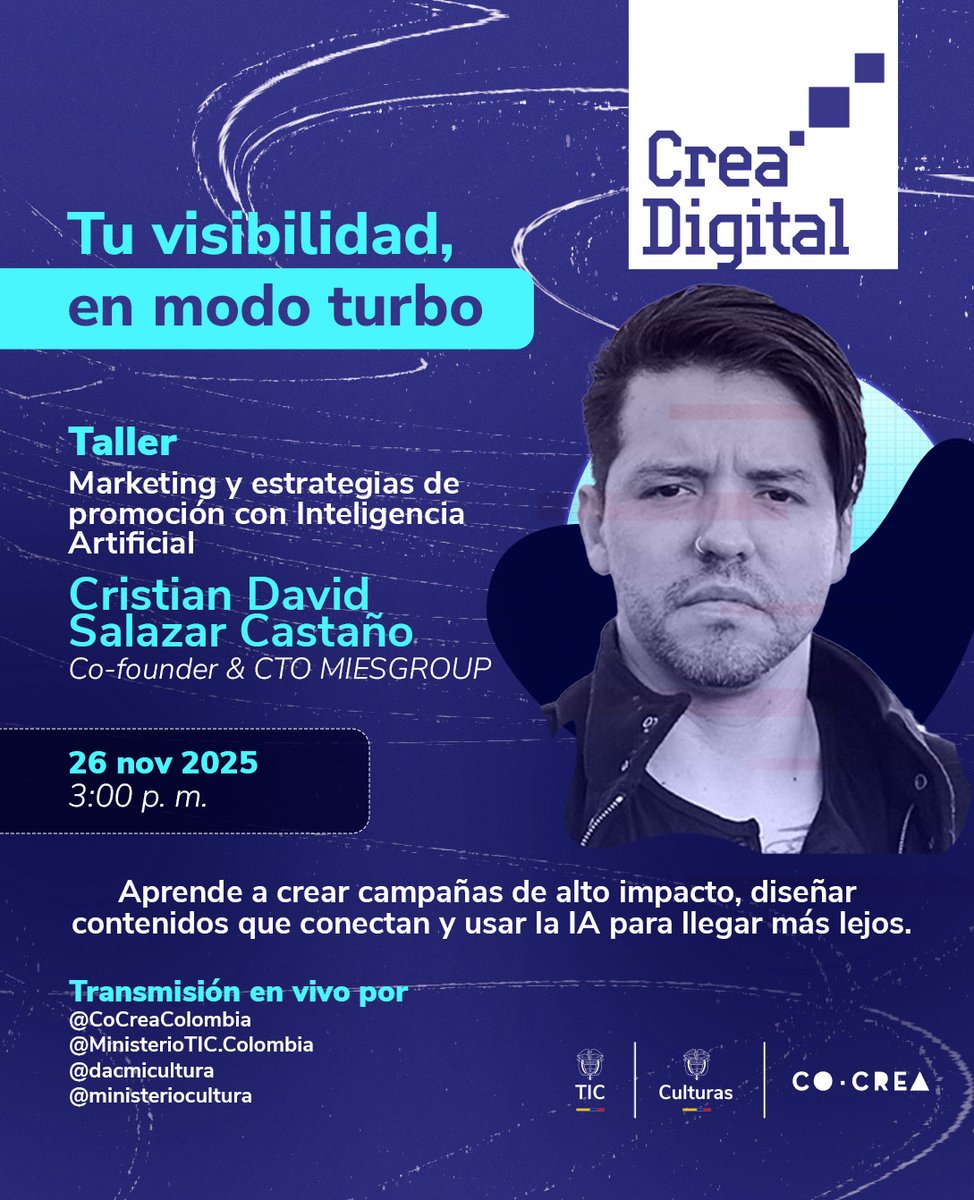 Ministerio_TIC's tweet image. #CreaDigital  I🚀 Convierte atención en acción: domina la IA para optimizar mensajes, segmentar con datos y crear contenido que se transforma en resultados. Perfecto para equipos creativos y de marketing. 
👉 Taller gratuito: forms.office.com/r/ZDZm1u0DTg 
 #ConDignidadCumplimos