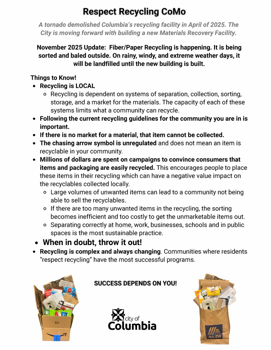 COMOSustain's tweet image. 📦𝗥𝗘𝗖𝗬𝗖𝗟𝗜𝗡𝗚 𝗨𝗣𝗗𝗔𝗧𝗘! Fibers and cardboard will now be diverted from the landfill for residential customers. (You can recycle cardboard, newspapers, office paper, magazines, junk mail, etc.) We would like to remind residents to flatten their cardboard and NOT put…