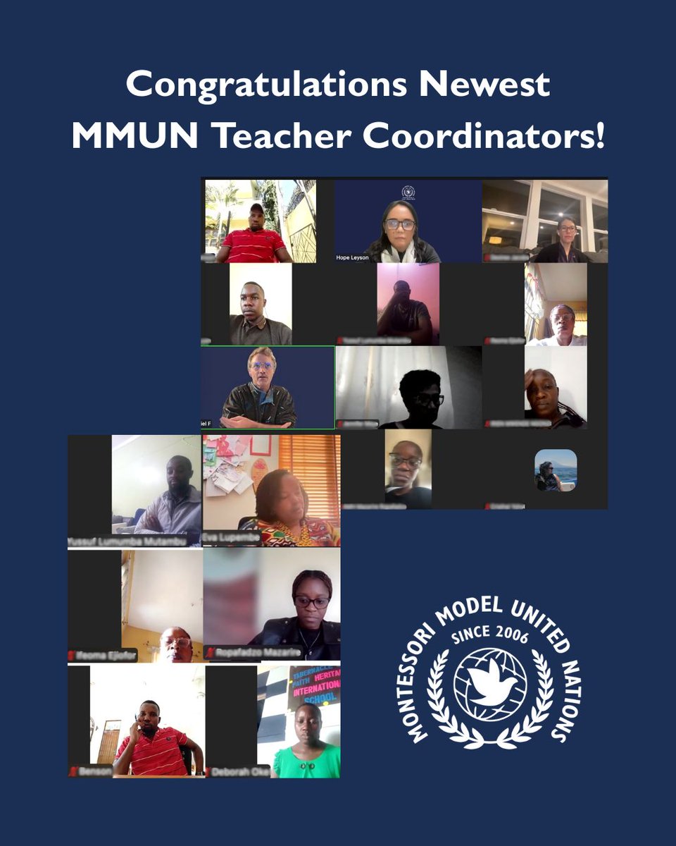 🎉𝘾𝙤𝙣𝙜𝙧𝙖𝙩𝙪𝙡𝙖𝙩𝙞𝙤𝙣𝙨 🎉

Educators from Tanzania, Nigeria, Zimbabwe, Kenya, Suriname and Guatemala have completed their training to become the newest #MMUN teacher coordinators in the #MMUNScholarshipProgram.

#PeaceEducation
#Montessori
#MMUN20Years