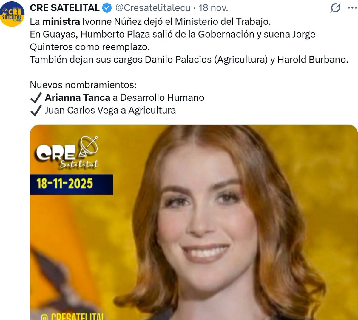 lahistoriaec's tweet image. No salió la jugada. Aunque algunos medios la daban como nueva Ministra de Desarrollo Humano, la Viceministra de la Mujer, Arianna Tanca, quedó fuera del gobierno. Se fue dando las gracias.