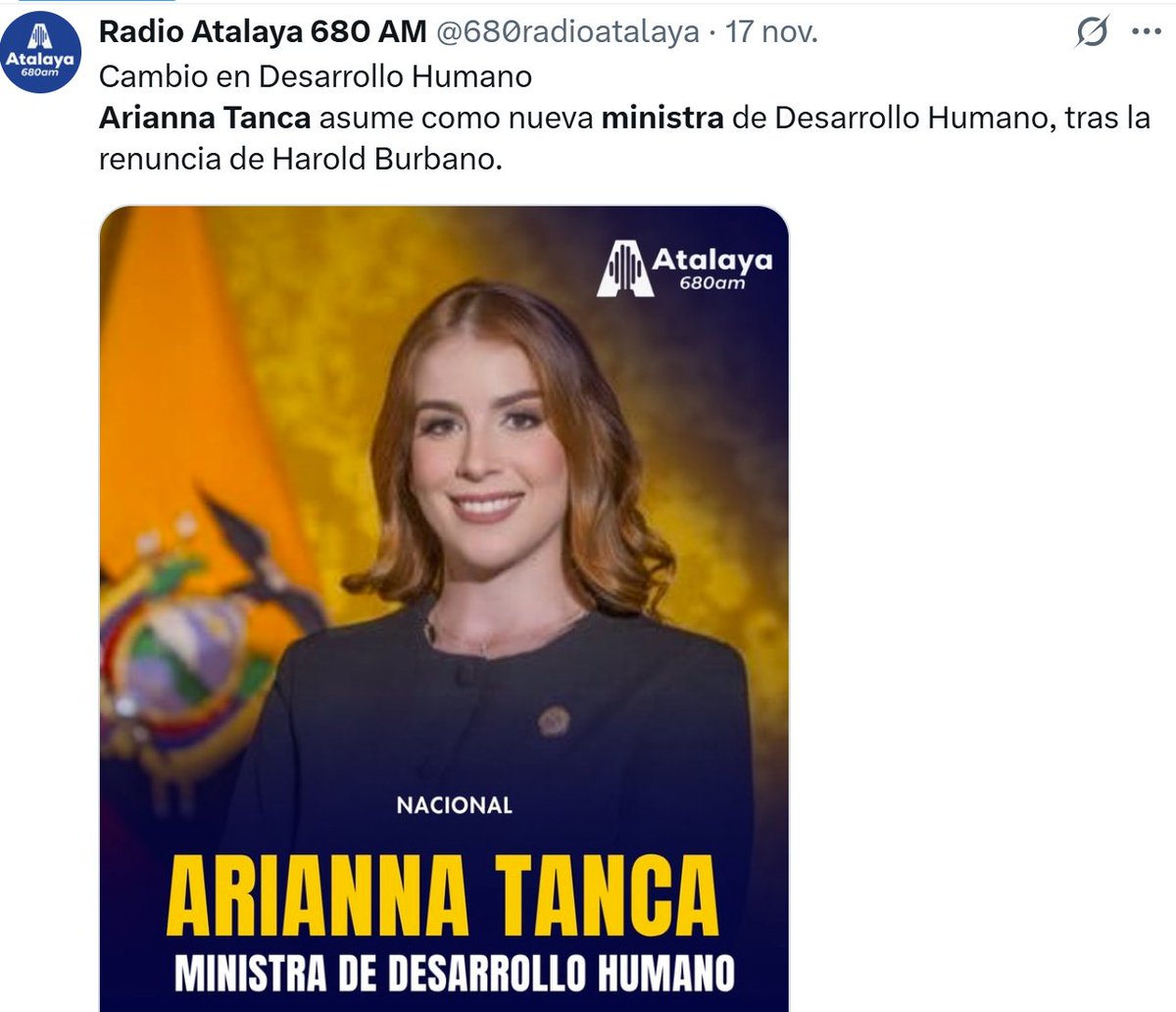 lahistoriaec's tweet image. No salió la jugada. Aunque algunos medios la daban como nueva Ministra de Desarrollo Humano, la Viceministra de la Mujer, Arianna Tanca, quedó fuera del gobierno. Se fue dando las gracias.