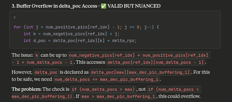 每次計算預測幀時，都會增加參考圖片數組，但這在驗證中並未考慮。

溢位（讀取過多）。

因此，我們有辦法從堆疊中超讀最多 64 個位元組（64 是參考幀的最大數量）。

但是我們能直接寫入堆疊嗎？我讓LLM寫一個h265幀模糊測試器，它非常