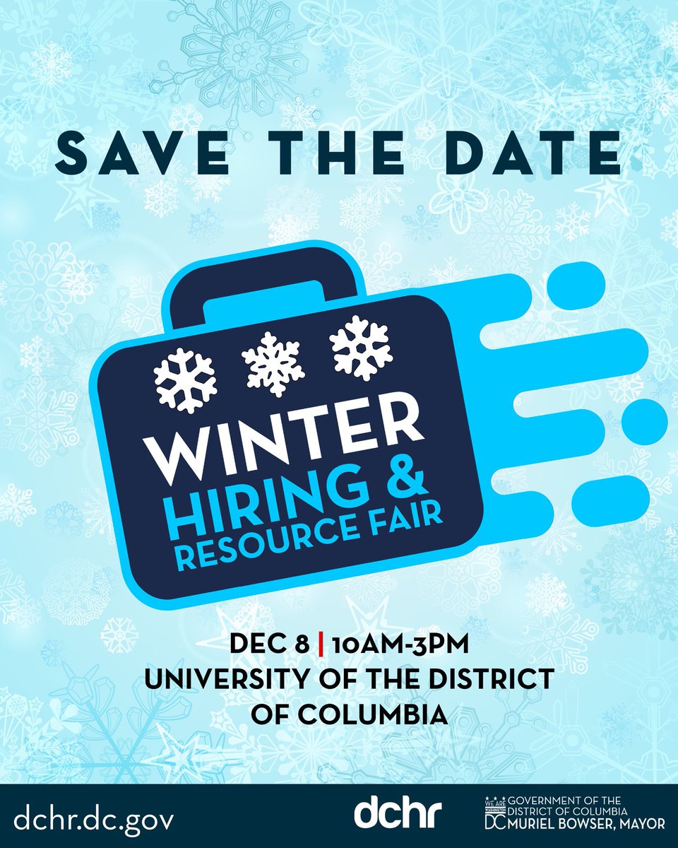 dchrDC's tweet image. Mark Your Calendar! Join us at the Winter ❄️ Hiring &amp;amp; Resource Fair on December 8, 10AM–3PM at the University of the District of Columbia.
#CareersDC
Learn more: dchr.dc.gov/joinourteam#gs…