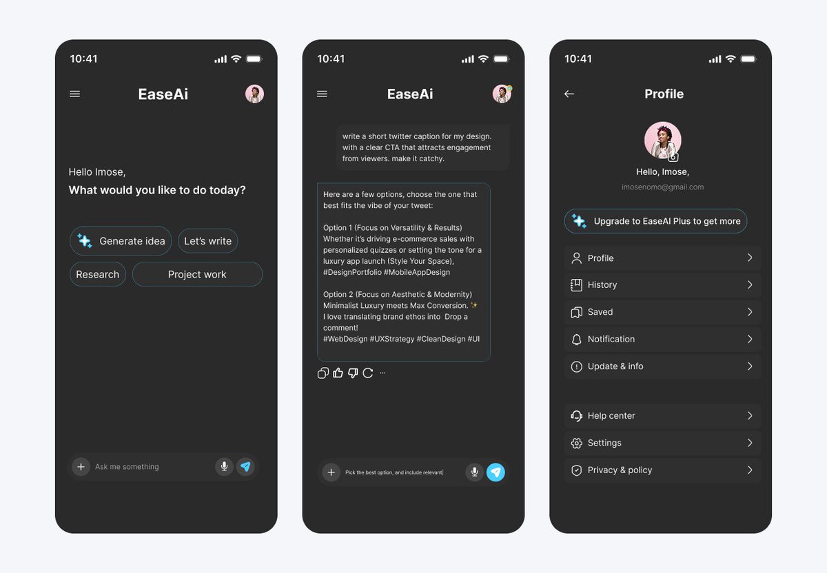 Veracity_bee's tweet image. Just wrapped up a clean, intuitive UI concept for #EaseAi design challenge an AI assistant built for fast, smart, effortless interactions.
I focused on clarity, flow &amp;amp; a smooth user journey.
#UIDesign #UXDesign #ProductDesign #DesignTweet #AIDesign #AppDesign #MobileDesign #tech