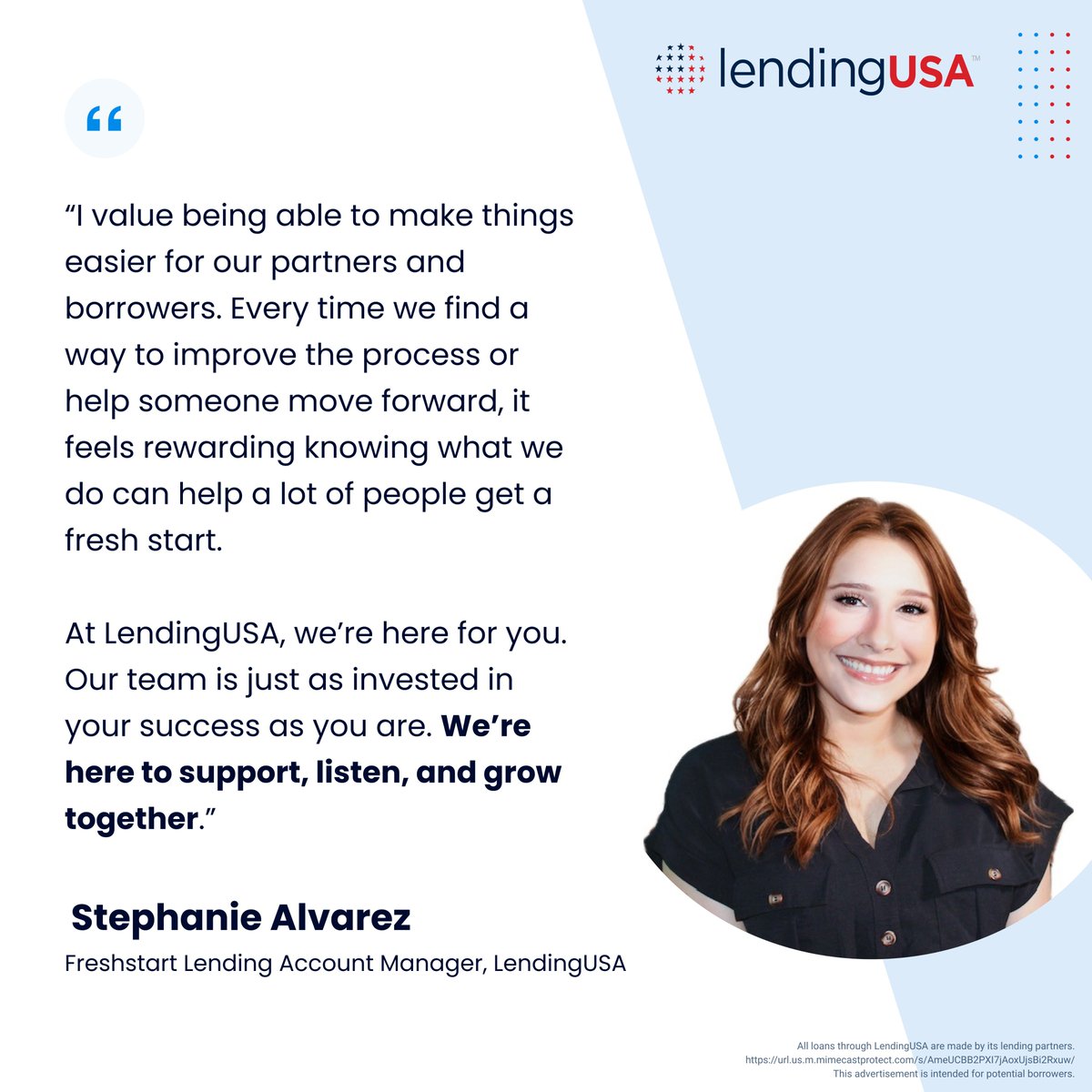 LendingUSA's tweet image. Meet Stephanie Alvarez, an Account Manager with Freshstart Lending at LendingUSA. She works closely with our debt settlement partners to ensure a smooth process and to provide the support their clients need at every step. 

#LendingUSA #FreshstartLending #PartnerGrowth